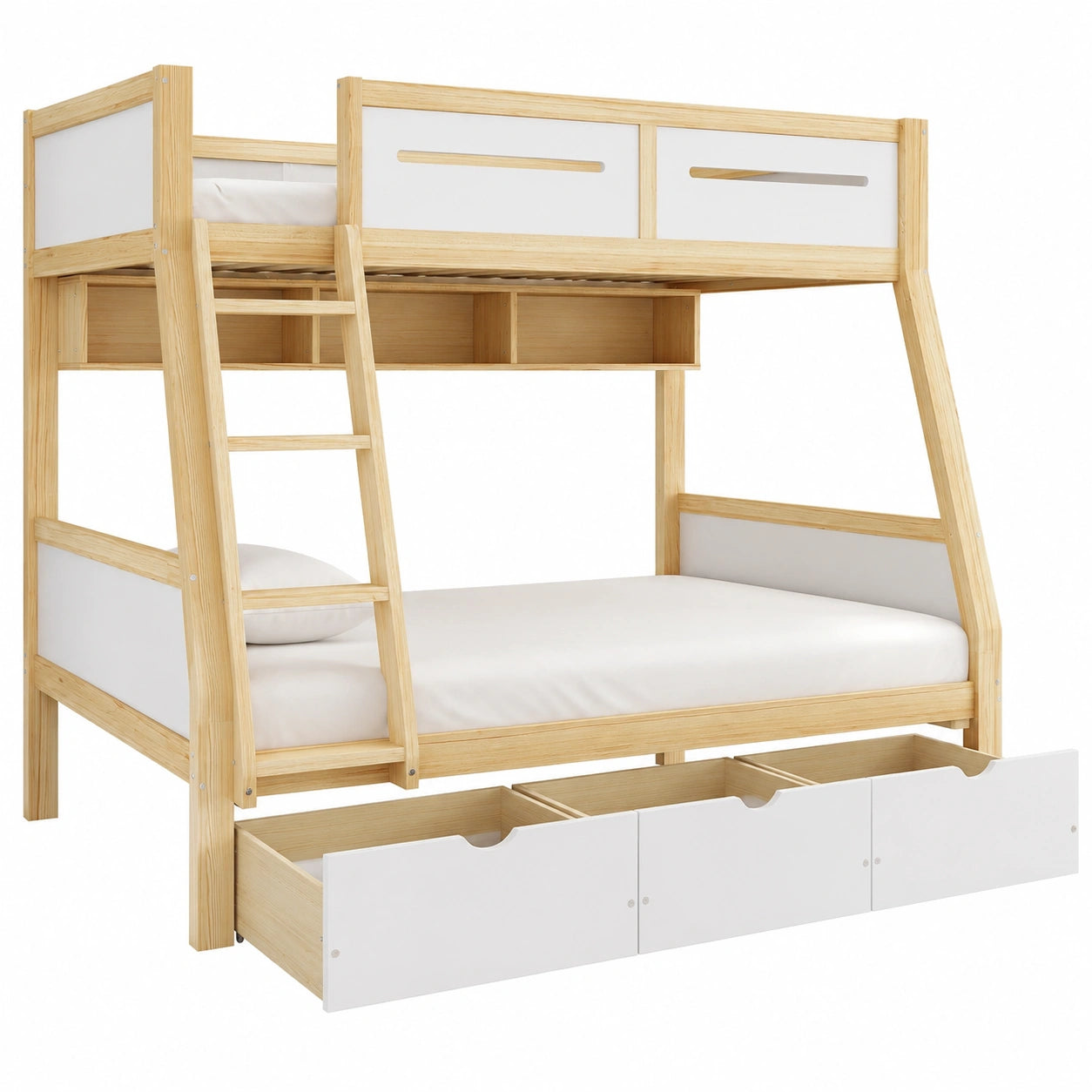 Hochbett in Weiß und Natur mit 3 Schubladen, 2m Regal, Gitter und Leiter, Stockbetten-Design für Kinder- und Gästezimmer - jervico