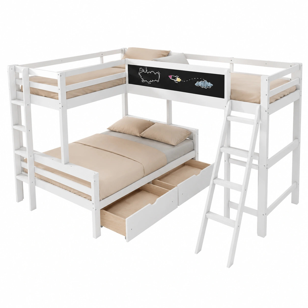 Multifunktionales Etagenbett für Kinder und Jugendliche, Schreibtisch und Tafel, Kiefernholz, 90x200 cm & 140x200 cm, ohne Matratze, Weiß - jervico
