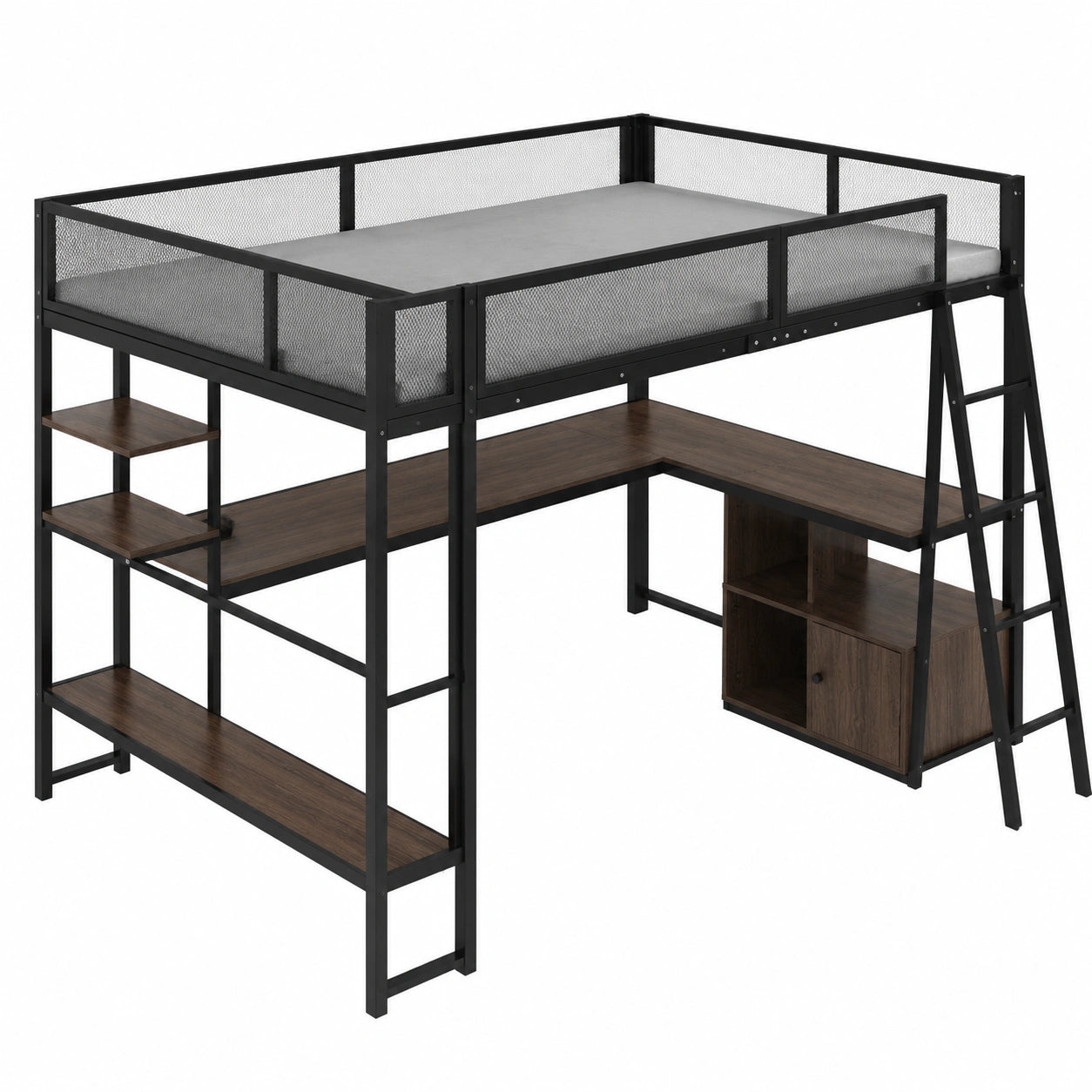Hochbett 140x200 cm aus Metall mit LED, Schreibtisch und Treppe, Schwarz - jervico