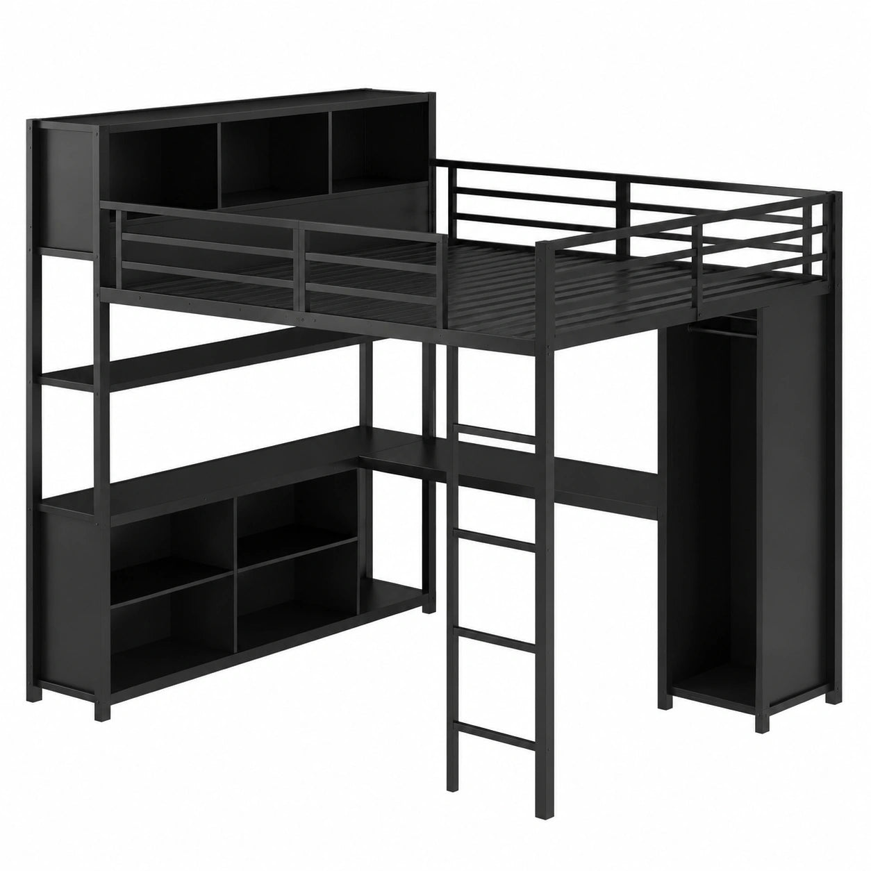 Hochbett 140x200 cm für Kinder mit Schreibtisch und Stauraum, Metallrahmen mit Kleiderschrank und Leiter, inklusive Lattenrost, ohne Matratze (Schwarz) - jervico