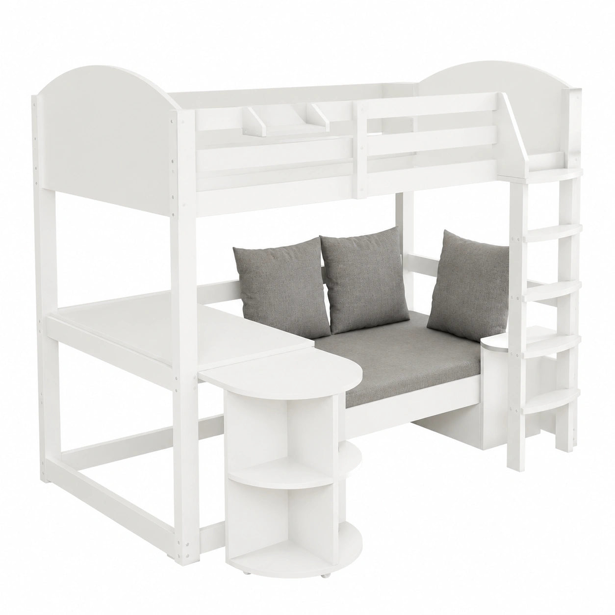 Multifunktionales Kinderhochbett mit Schreibtisch und Stauraum, 90x200 cm, Weiß - jervico