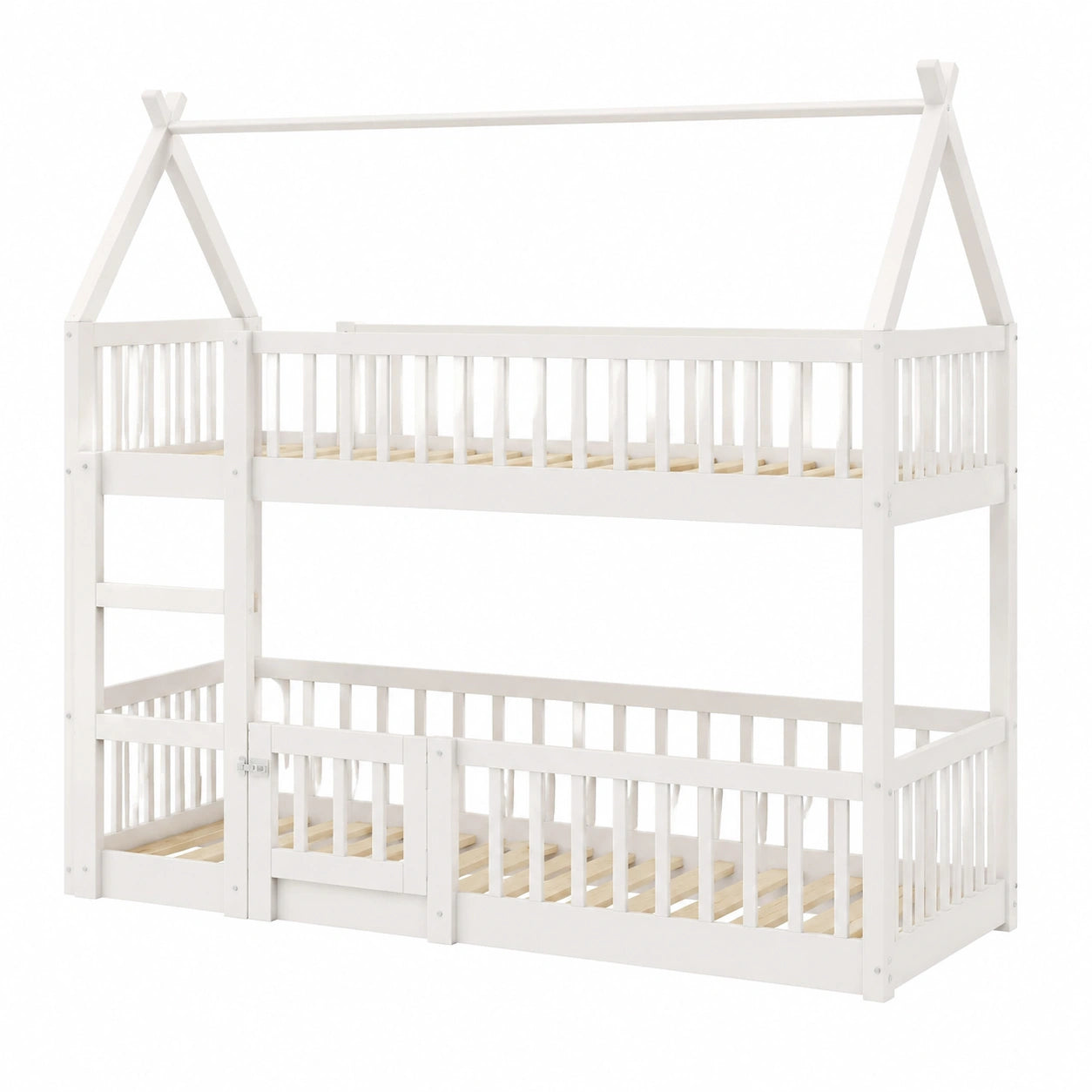 Robustes Etagenbett 140x200 cm aus Massivholz, Familien- und Spielbett für Kinder, Hochbett inklusive Lattenrost und Fallschutz in Weiß - jervico