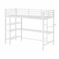 Metall Hochbett 90x200 mit LED, Steckdose und Schreibtisch, Weiß, inkl. Regale und Schubladen - jervico