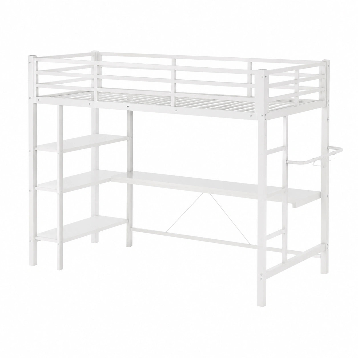 Metall Hochbett 90x200 mit LED, Steckdose und Schreibtisch, Weiß, inkl. Regale und Schubladen - jervico